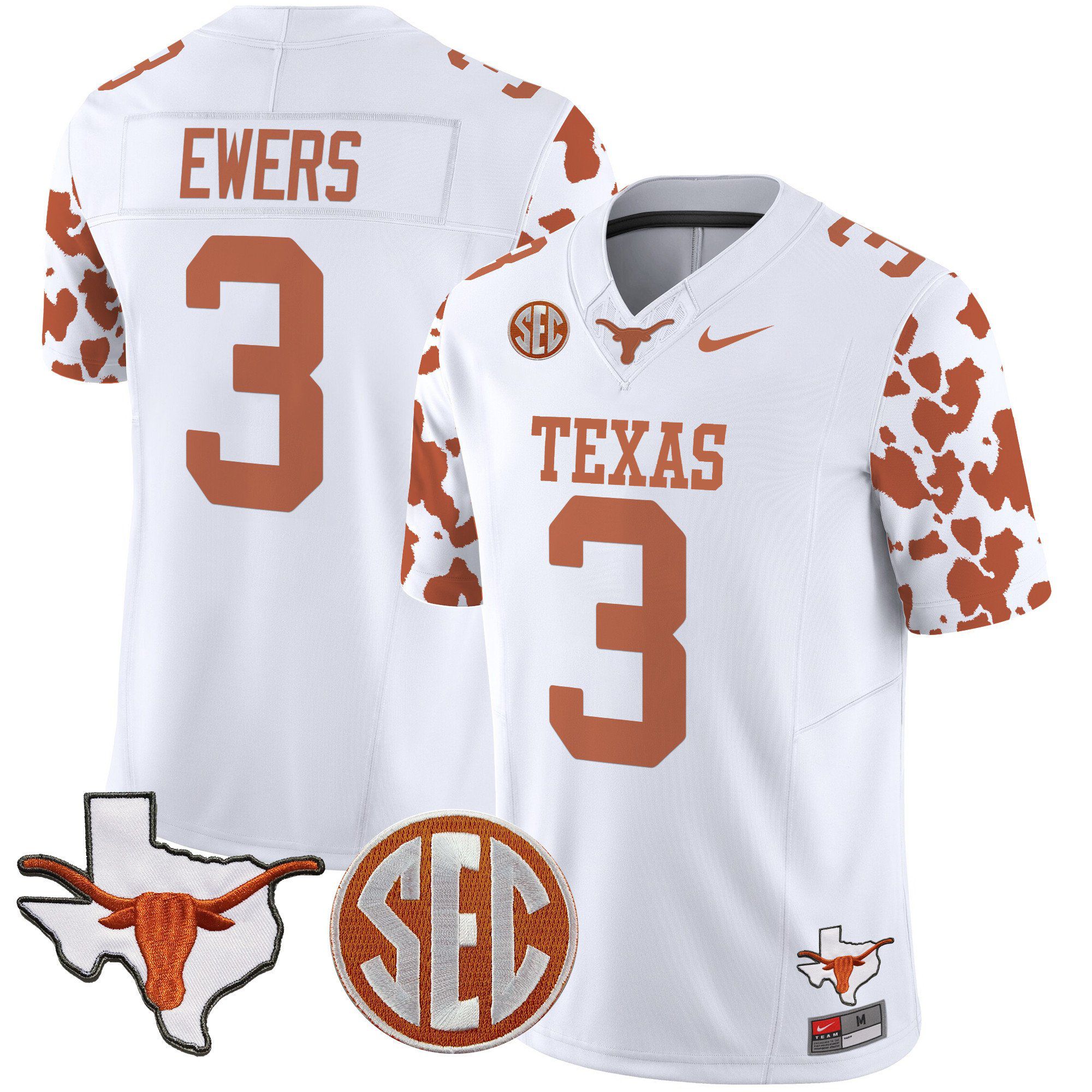 Men Texas Longhorns #3 Ewers White 2024 Nike Cow Spots Vapor Limited NCAA Jersey
